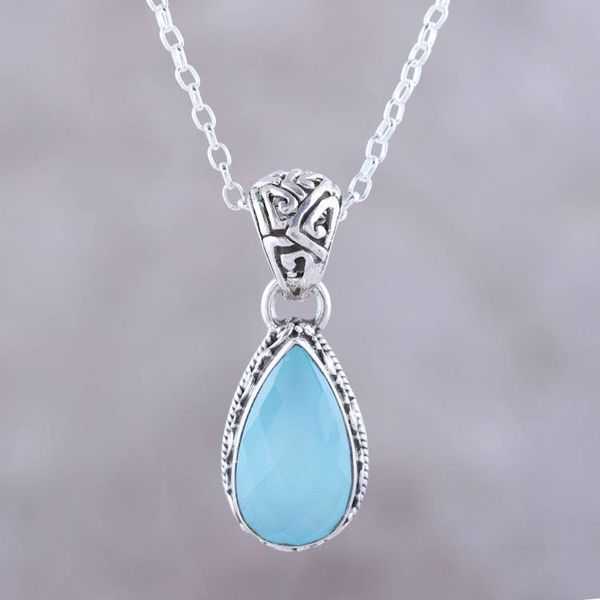 Alternate image for Teardrop Chalcedony Pendant Necklace in Aqua from India Sky Mist