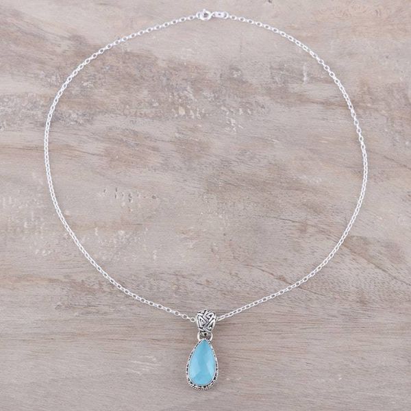 Alternate image for Teardrop Chalcedony Pendant Necklace in Aqua from India Sky Mist