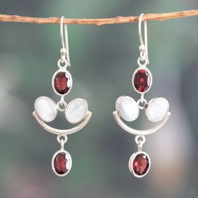 Alternate image for 4-Carat Natural Garnet and Rainbow Moonstone Dangle Earrings Crescent Passion
