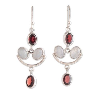 Alternate image for 4-Carat Natural Garnet and Rainbow Moonstone Dangle Earrings Crescent Passion
