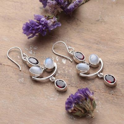 Alternate image for 4-Carat Natural Garnet and Rainbow Moonstone Dangle Earrings Crescent Passion