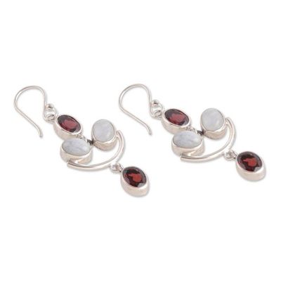 Alternate image for 4-Carat Natural Garnet and Rainbow Moonstone Dangle Earrings Crescent Passion