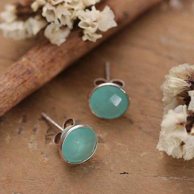 Alternate image for 4-Carat Faceted Checkerboard-Shaped Chalcedony Stud Earrings Tranquil Appeal