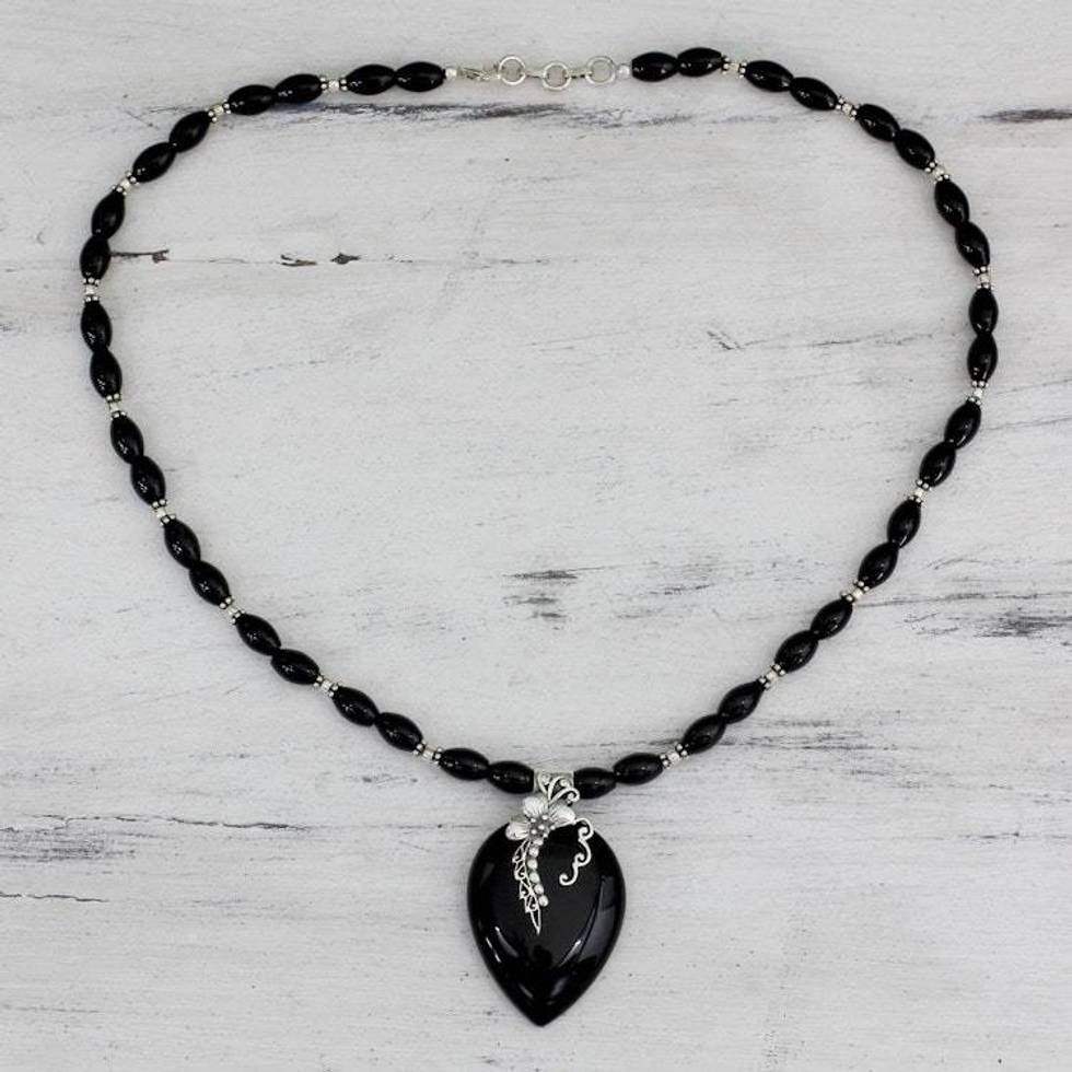Fair Trade Sterling Silver and Onyx Necklace 'Midnight Blush'