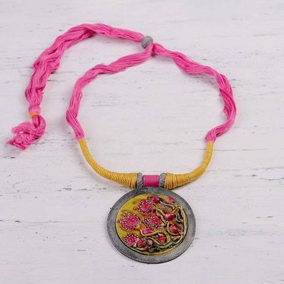 Alternate image for Floral Ceramic and Cotton Pendant Necklace from India Water Blossoms