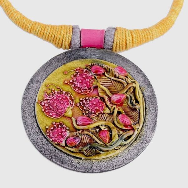 Alternate image for Floral Ceramic and Cotton Pendant Necklace from India Water Blossoms