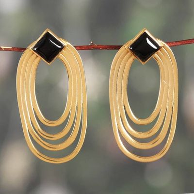 Alternate image for Polished Oval Brass and Black Onyx Drop Earrings from India Midnight Echo