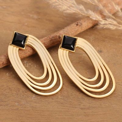 Alternate image for Polished Oval Brass and Black Onyx Drop Earrings from India Midnight Echo