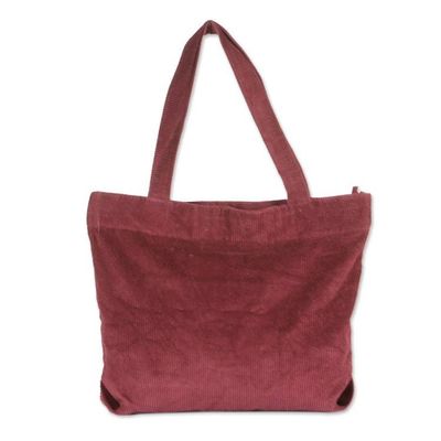 Alternate image for Zippered Ribbed Cotton Corduroy Tote Bag in a Maroon Hue Maroon Sister