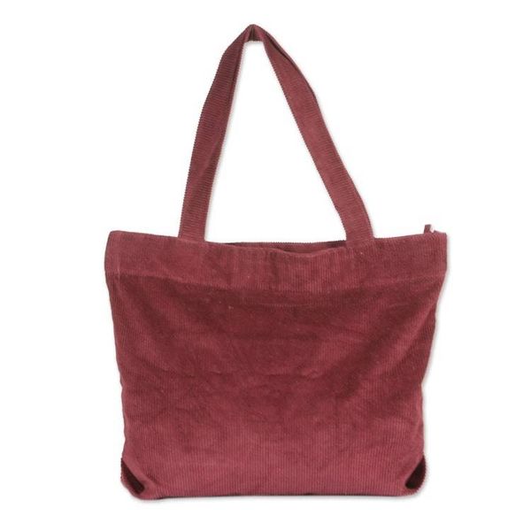 Alternate image for Zippered Ribbed Cotton Corduroy Tote Bag in a Maroon Hue Maroon Sister