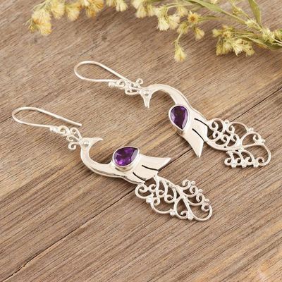 Primary image for Amethyst and Sterling Silver Peacock Dangle Earrings Indian Peacock in Purple
