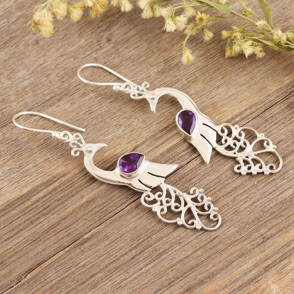 Alternate image for Amethyst and Sterling Silver Peacock Dangle Earrings Indian Peacock in Purple