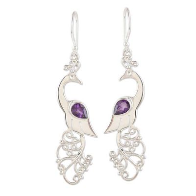 Alternate image for Amethyst and Sterling Silver Peacock Dangle Earrings Indian Peacock in Purple