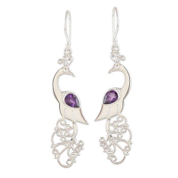 Alternate image for Amethyst and Sterling Silver Peacock Dangle Earrings Indian Peacock in Purple
