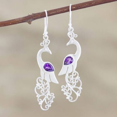 Alternate image for Amethyst and Sterling Silver Peacock Dangle Earrings Indian Peacock in Purple