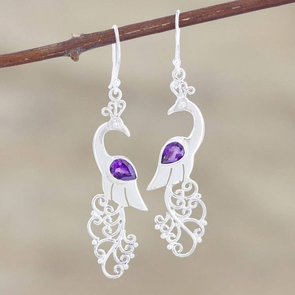 Alternate image for Amethyst and Sterling Silver Peacock Dangle Earrings Indian Peacock in Purple