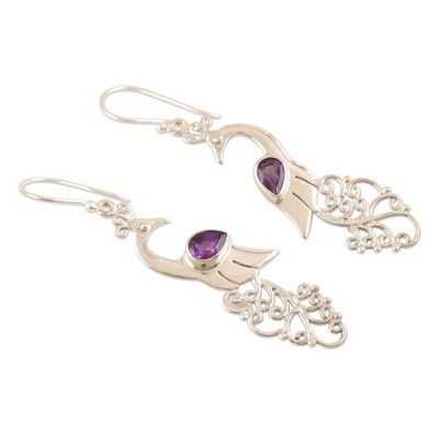 Alternate image for Amethyst and Sterling Silver Peacock Dangle Earrings Indian Peacock in Purple