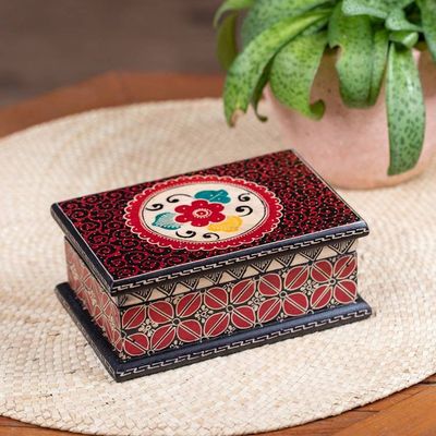 Alternate image for Floral-Themed Batik Wood Jewelry Box Lined in Velvet Summer Hibiscus