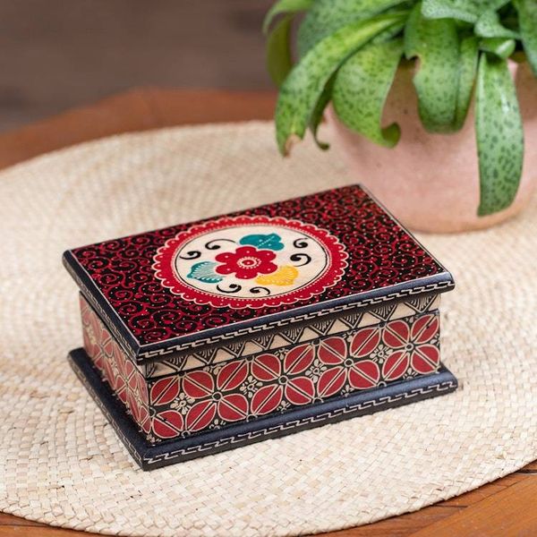 Alternate image for Floral-Themed Batik Wood Jewelry Box Lined in Velvet Summer Hibiscus