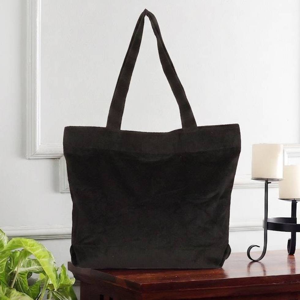 100 Cotton Corduroy Zippered Tote Bag in Onyx Black Hues 'Onyx Sister'
