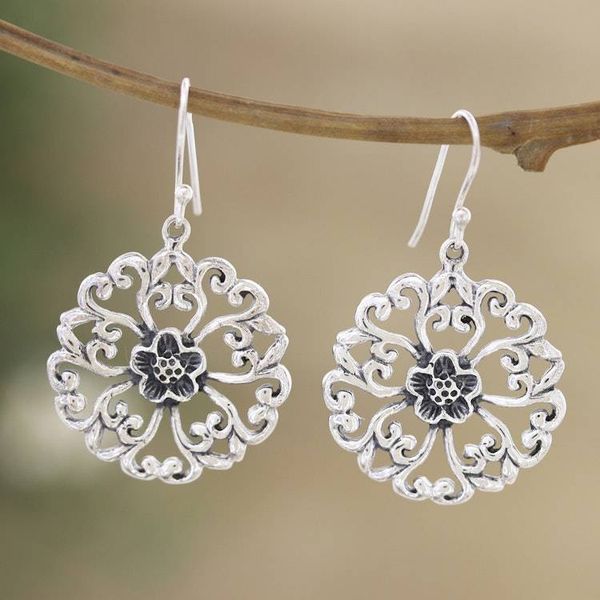 Alternate image for Sterling Silver Round Dangle Earrings with Floral Motifs Blooming Discs