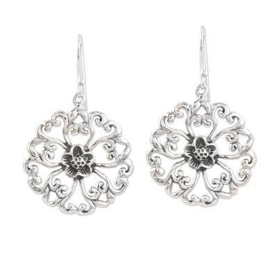 Alternate image for Sterling Silver Round Dangle Earrings with Floral Motifs Blooming Discs