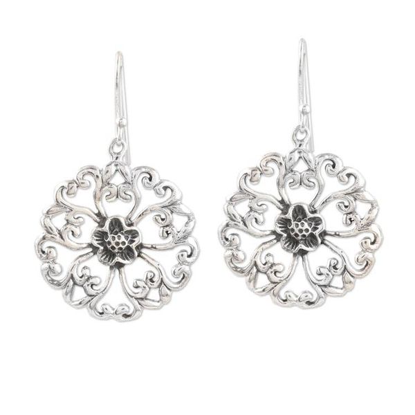 Alternate image for Sterling Silver Round Dangle Earrings with Floral Motifs Blooming Discs