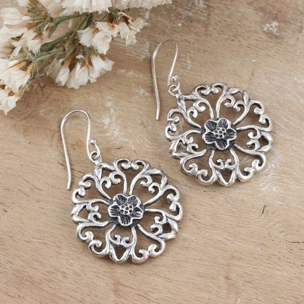 Alternate image for Sterling Silver Round Dangle Earrings with Floral Motifs Blooming Discs