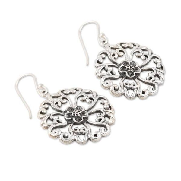 Alternate image for Sterling Silver Round Dangle Earrings with Floral Motifs Blooming Discs