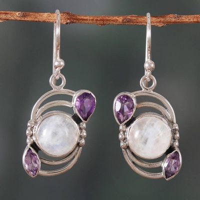 Primary image for Sterling Silver Rainbow Moonstone  Amethyst Dangle Earrings Luminous Charm