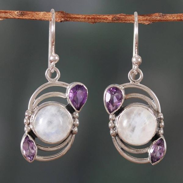 Alternate image for Sterling Silver Rainbow Moonstone  Amethyst Dangle Earrings Luminous Charm