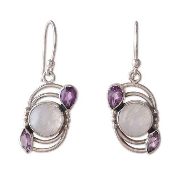 Alternate image for Sterling Silver Rainbow Moonstone  Amethyst Dangle Earrings Luminous Charm