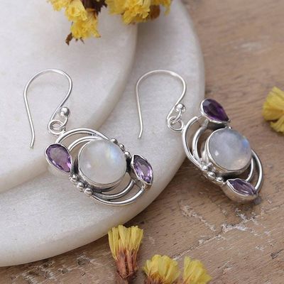 Alternate image for Sterling Silver Rainbow Moonstone  Amethyst Dangle Earrings Luminous Charm