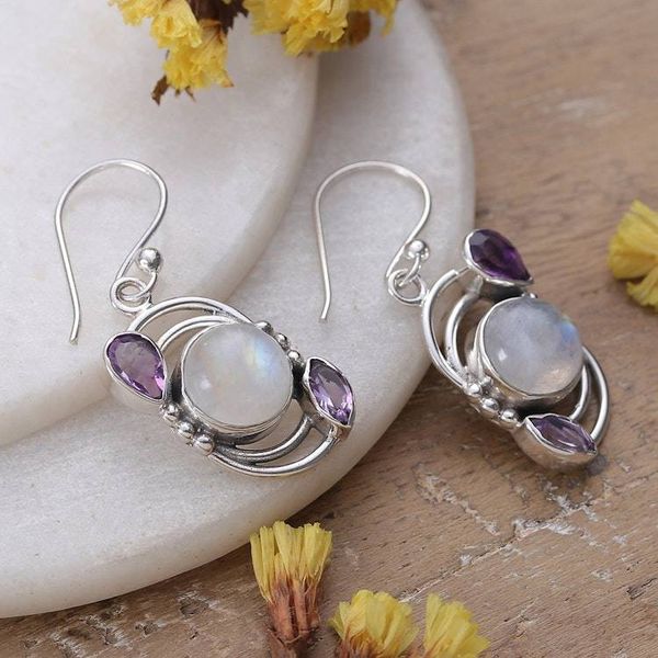 Alternate image for Sterling Silver Rainbow Moonstone  Amethyst Dangle Earrings Luminous Charm
