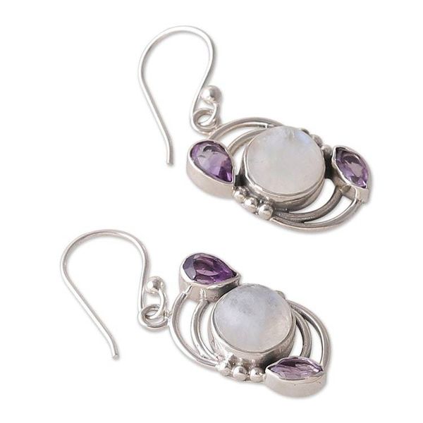 Alternate image for Sterling Silver Rainbow Moonstone  Amethyst Dangle Earrings Luminous Charm