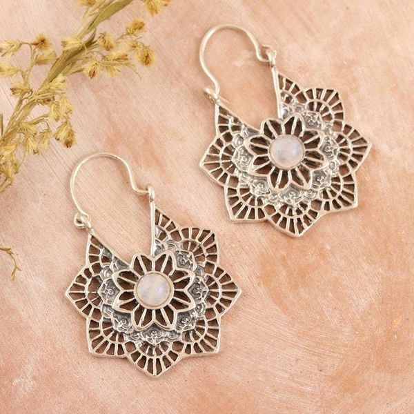 Alternate image for Sterling Silver and Rainbow Moonstone Hoop Earrings Floral Mist