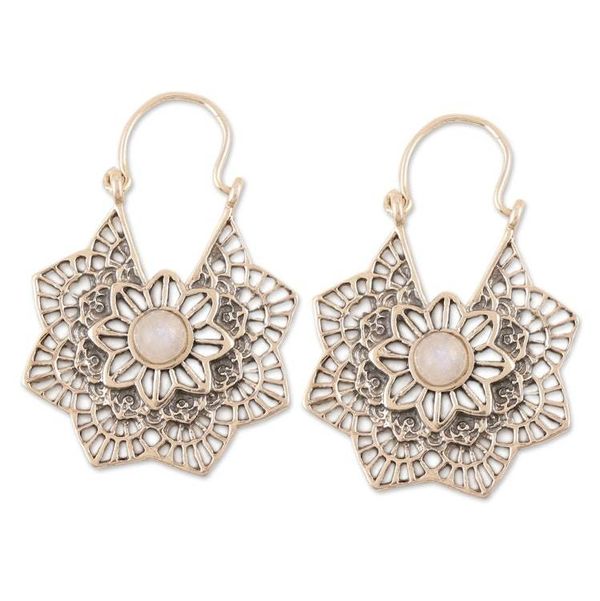 Alternate image for Sterling Silver and Rainbow Moonstone Hoop Earrings Floral Mist