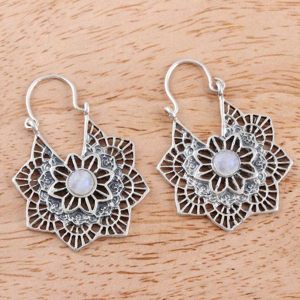 Alternate image for Sterling Silver and Rainbow Moonstone Hoop Earrings Floral Mist