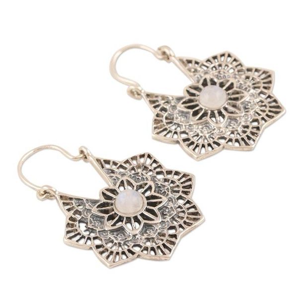 Alternate image for Sterling Silver and Rainbow Moonstone Hoop Earrings Floral Mist
