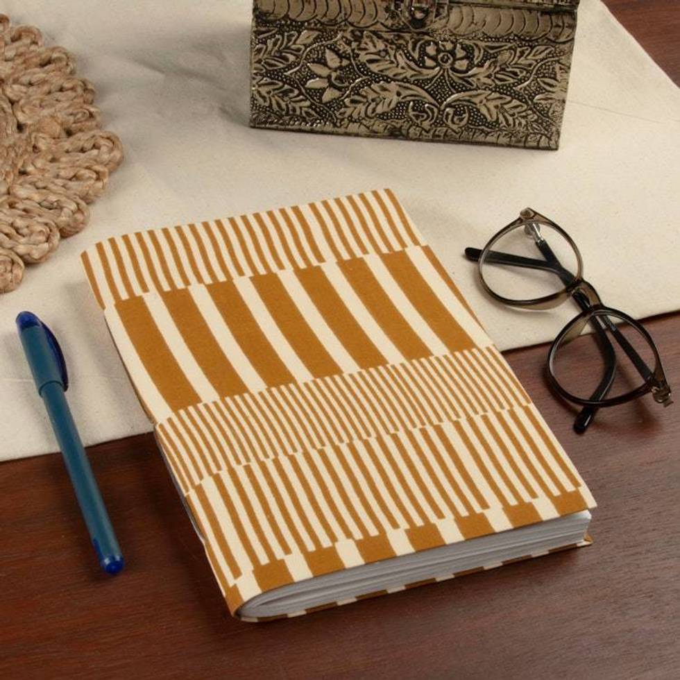 80-Page Block-Printed Cotton Journal in Yellow and Ivory 'Yellow Jolly'