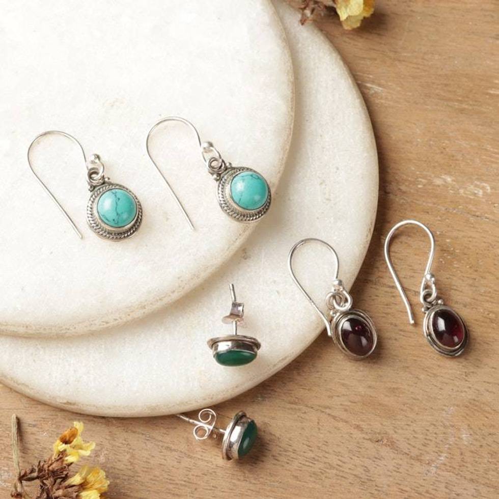 Folk Art 3-Piece Gemstone Dangle and Button Earring Set 'Trendy Jewels'