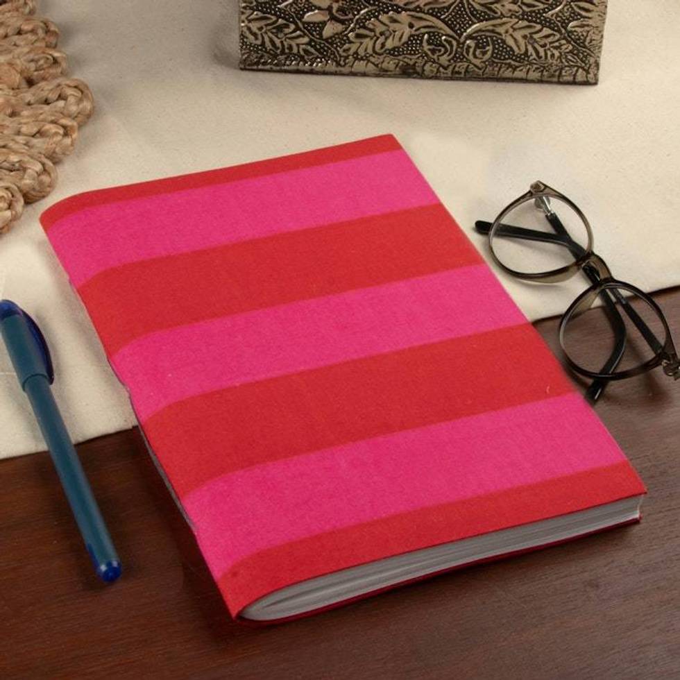 Block-Printed Cotton Journal with Fuchsia and Red Stripes 'Memories in Fuchsia'