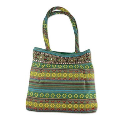Alternate image for Handwoven Green Cotton Gujarat Style Shoulder Bag Green Gujarat Glam