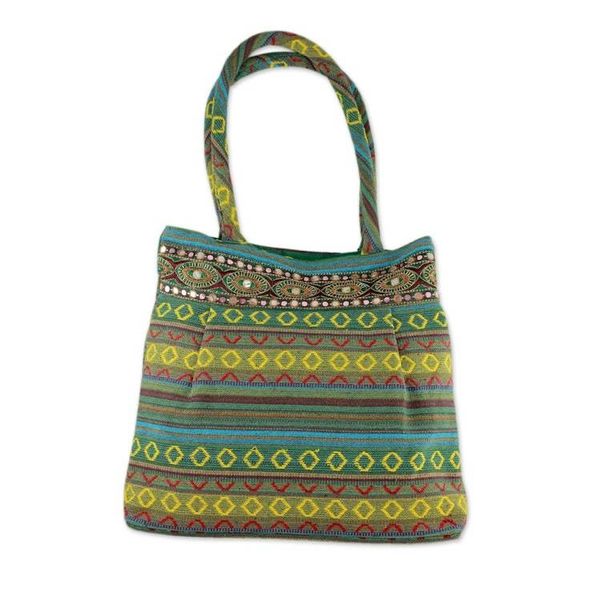 Alternate image for Handwoven Green Cotton Gujarat Style Shoulder Bag Green Gujarat Glam