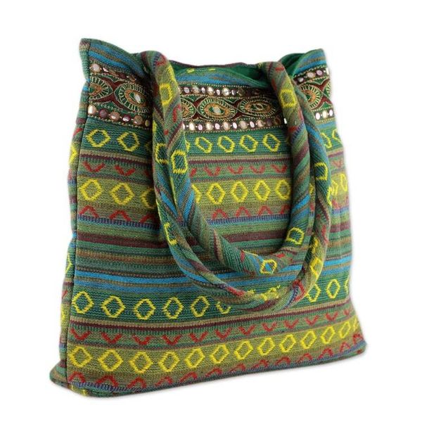 Alternate image for Handwoven Green Cotton Gujarat Style Shoulder Bag Green Gujarat Glam