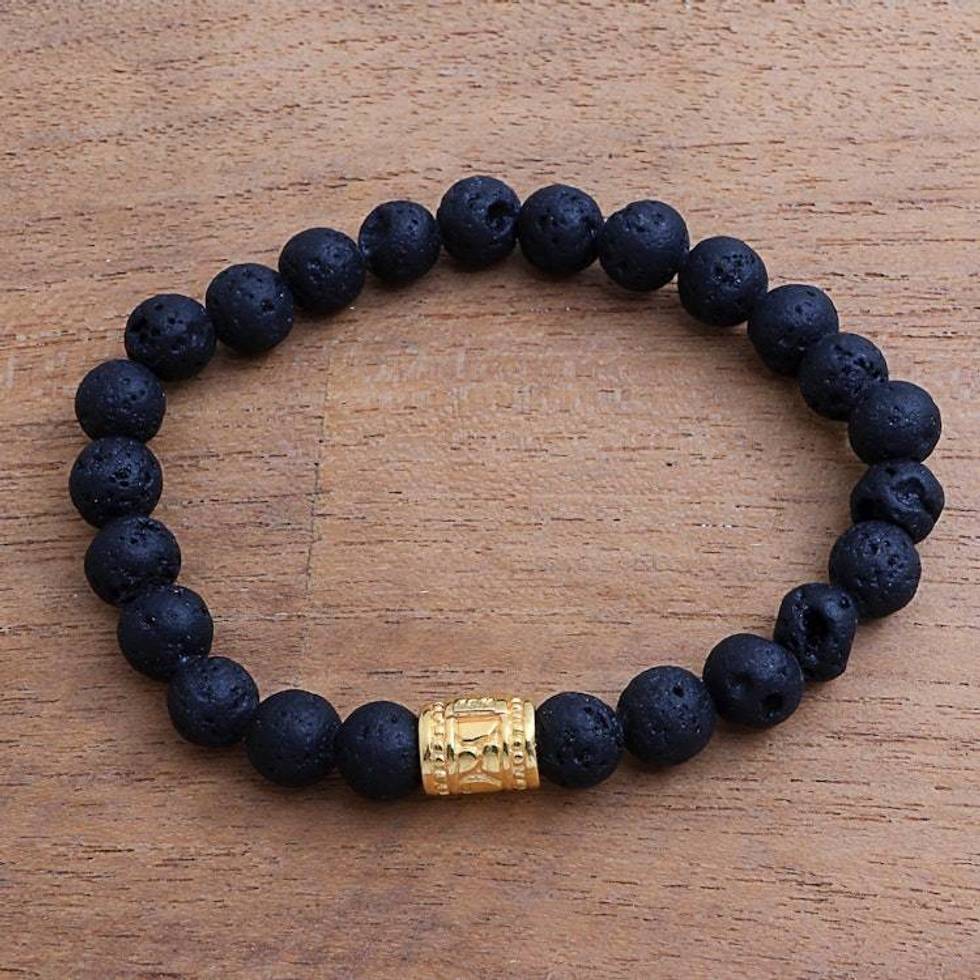 Men's Gold Accent Lava Stone Beaded Stretch Bracelet 'Batur Pebbles'