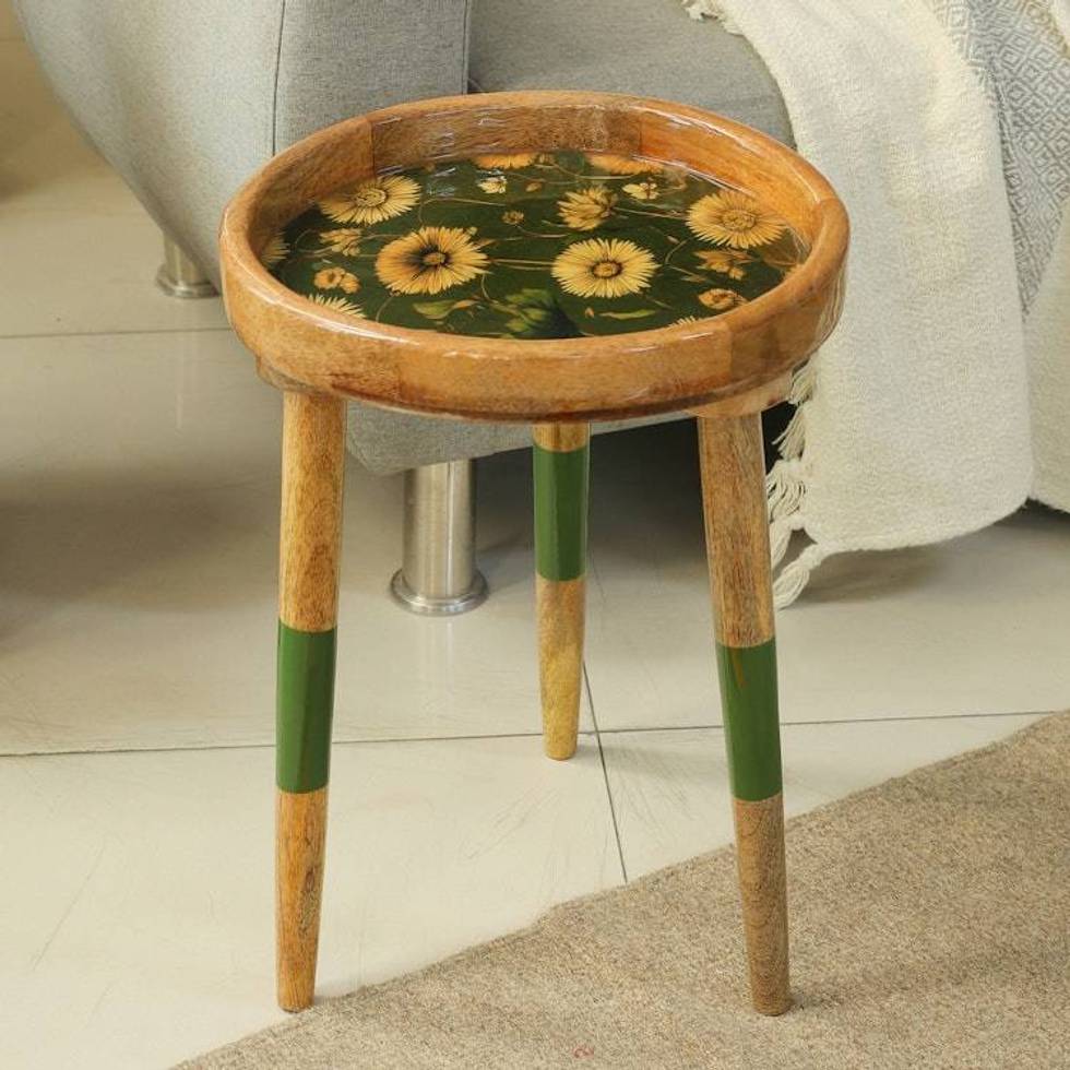 Spring-Themed Mango Wood and Resin Accent Table from India 'Sunflower Memory'