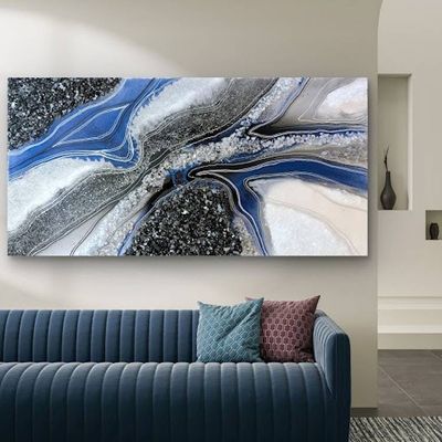 Alternate image for Geode Painting Large Royal Blue Black Resin Geode Abstract Marble Agate Original Art 24x48 Modern Wall Decor Signed