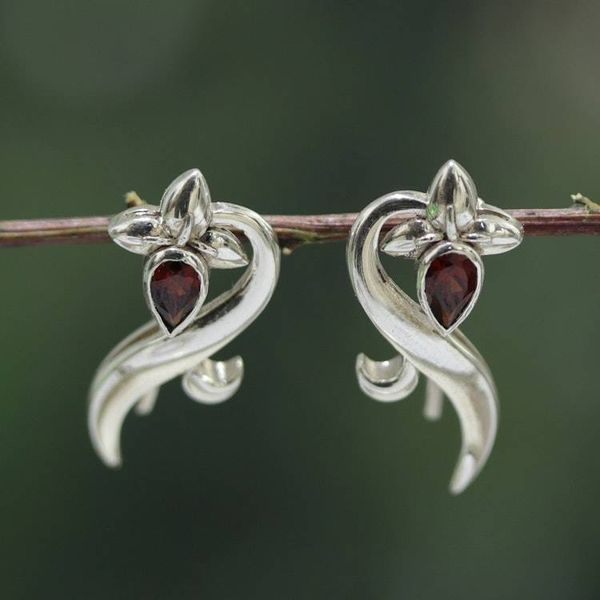 Alternate image for Ribbon-Themed Garnet Sterling Silver Drop Earrings Crimson Ribbon Swirls