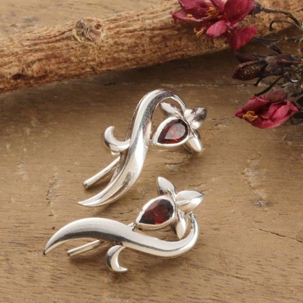 Alternate image for Ribbon-Themed Garnet Sterling Silver Drop Earrings Crimson Ribbon Swirls
